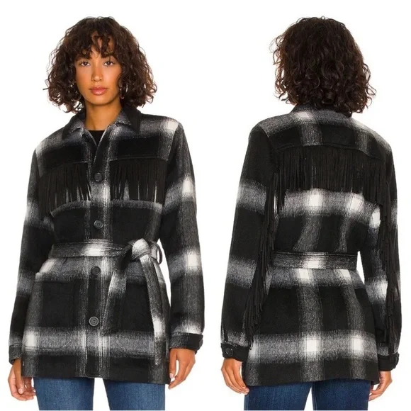 New Mother Fringe Plaid Flannel Coat Shirt Jacket Shacket Western Boho XS